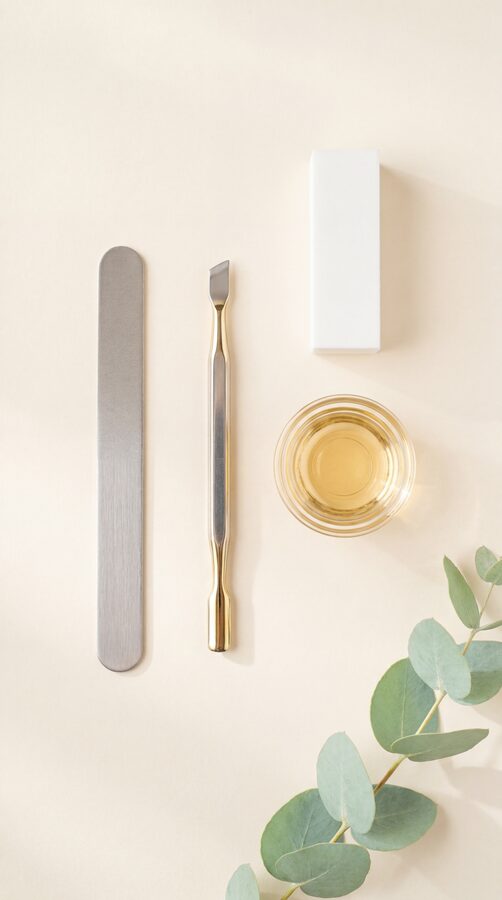File, cuticle pusher and oil arranged beside eucalyptus leaves